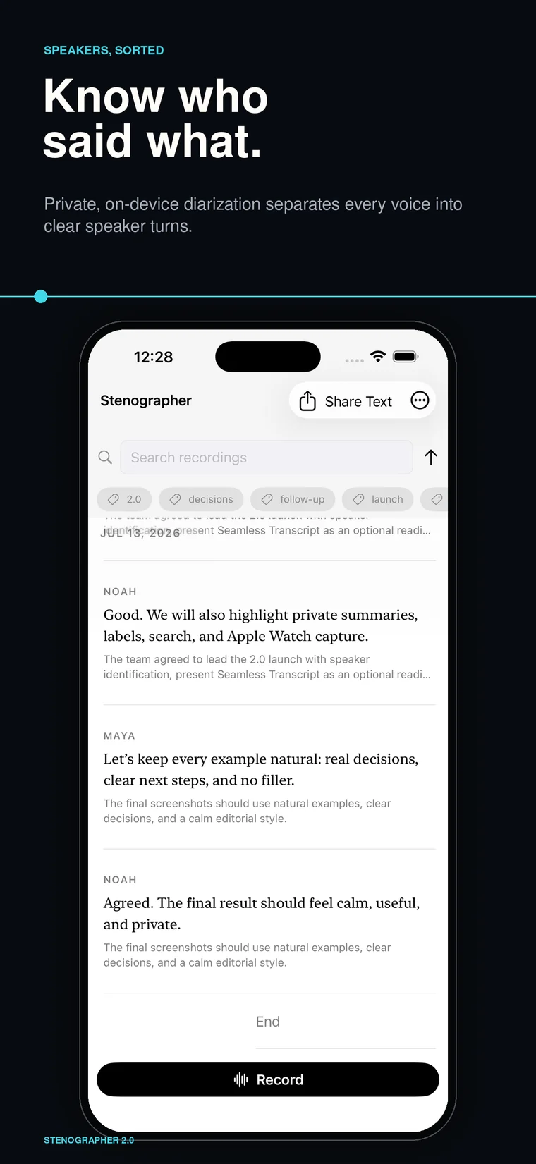 Stenographer separates a transcript into natural speaker turns