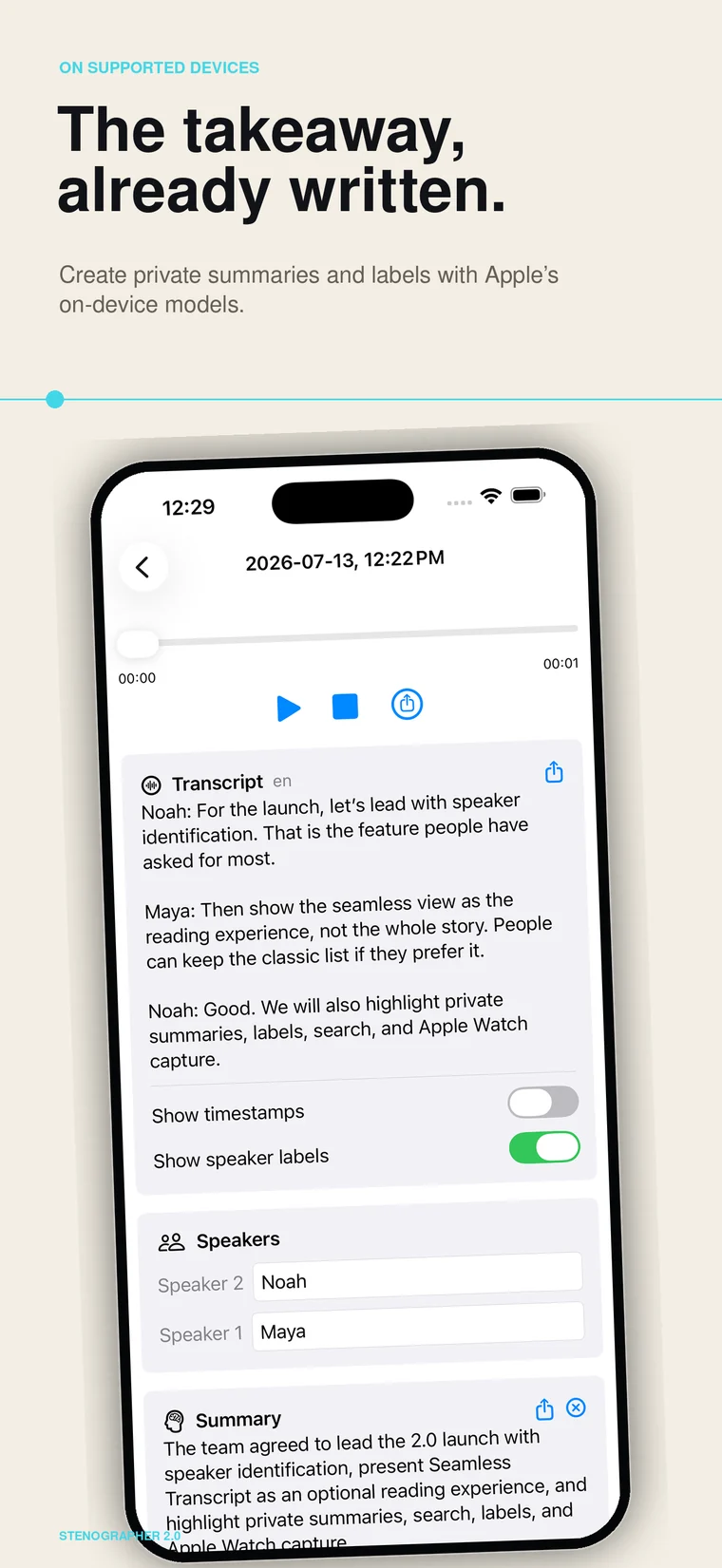 A private on-device AI summary in Stenographer